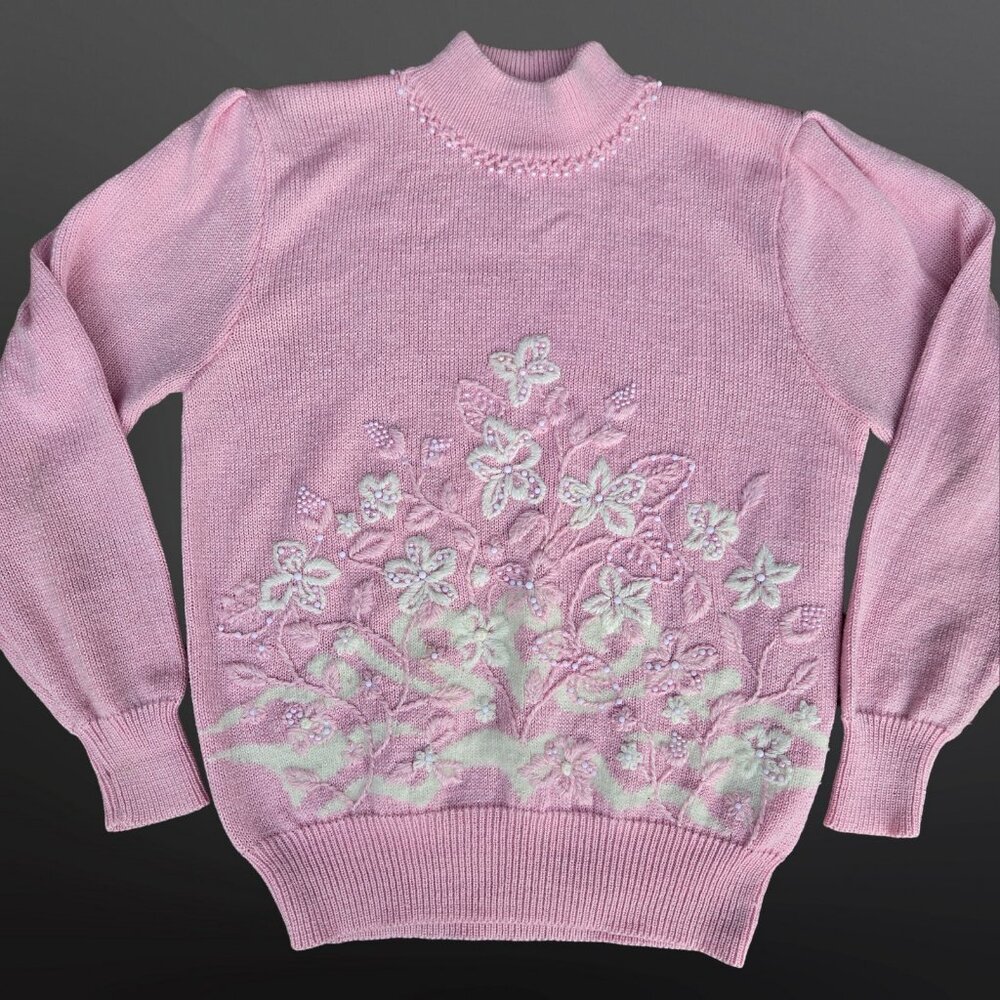 Vintage 90s Pink Beaded Floral Sweater Womens Size M Fairy Coquette Balletcore